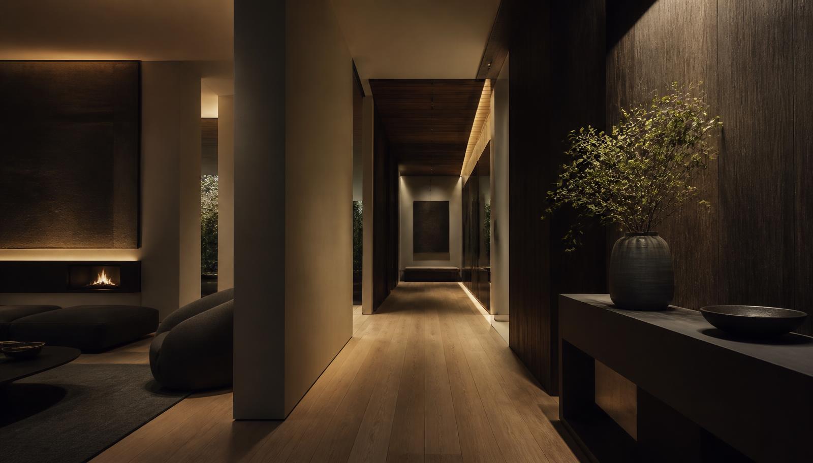 Cinematic hallway and living space by AURA INTERIORS